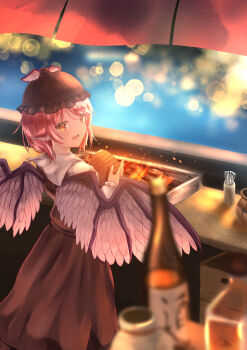 Rule 34 | 1girl, :d, absurdres, animal ears, bird ears, bird wings, blurry, blurry background, blurry foreground, brown dress, brown eyes, brown hat, commentary request, cooking, dress, feet out of frame, from behind, glass bottle, grilling, hand fan, hat, highres, holding, holding fan, long sleeves, looking at viewer, mob cap, mystia lorelei, open mouth, pinafore dress, pink hair, shirt, short hair, sleeveless, sleeveless dress, smile, solo, standing, touhou, turning head, uruna00, white shirt, wings