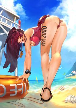 Rule 34 | 1girl, absurdres, ass, beach, beach umbrella, bent over, blue sky, blush, body writing, breasts, character name, cleavage, cloud, commentary, curvy, day, female focus, from behind, girls' frontline, groin, hair ribbon, half updo, highres, hip focus, large breasts, legs, lifebuoy, lifeguard, long hair, looking at viewer, looking back, ocean, one-piece swimsuit, one side up, outdoors, purple hair, red eyes, red one-piece swimsuit, ribbon, romana, sand, sandals, shell, sky, solo, swim ring, swimsuit, thick thighs, thighs, umbrella, very long hair, wa2000 (girls' frontline), watch, wet, whistle, wide hips