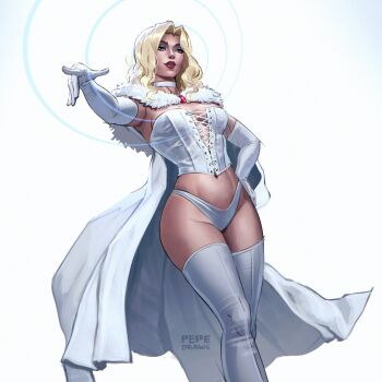 1girl artist_name blonde_hair blue_eyes blue_eyeshadow bodice boots breasts cape choker commentary cropped elbow_gloves emma_frost english_commentary eyeshadow fur-trimmed_cape fur_trim gem gloves hand_on_own_hip highres large_breasts looking_at_viewer makeup marvel medium_hair navel panties parted_hair parted_lips pepedraws pink_gemstone reaching reaching_towards_viewer red_lips solo thigh_boots underwear white_background white_bodice white_boots white_cape white_choker white_gloves white_panties white_theme x-men