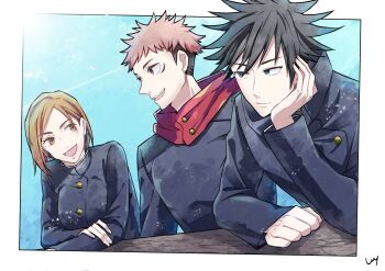 1girl 2boys absurdres black_hair blue_jacket blue_sky border brown_eyes brown_hair buttons closed_mouth commentary_request elbow_rest facial_mark fushiguro_megumi hand_on_own_cheek hand_on_own_face highres hood hood_down hoodie itadori_yuuji jacket jujutsu_kaisen jujutsu_tech_uniform kugisaki_nobara long_sleeves looking_at_another multiple_boys open_mouth outside_border red_hoodie short_hair sin_3794 sky spiked_hair upper_body white_border