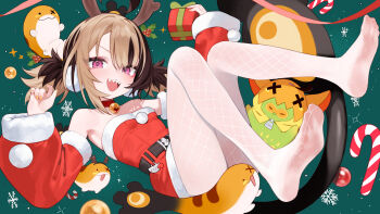 1girl ahoge bare_shoulders bell belt black_belt breasts brown_hair candy candy_cane collar commentary detached_sleeves dress earmuffs english_commentary fake_antlers fishnet_pantyhose fishnets food full_body fur-trimmed_dress fur-trimmed_sleeves fur_trim gigi_murin grem_(gigi_murin) highres hololive hololive_english hoshi_usagi looking_at_viewer multicolored_hair neck_bell no_shoes open_mouth pantyhose pink_eyes pom_pom_(clothes) popo_(gigi_murin) red_collar red_dress red_sleeves ribbon santa_costume santa_dress sharp_teeth short_dress short_hair short_twintails small_breasts snowflakes soles strapless strapless_dress tail teeth twintails two-tone_hair upper_teeth_only v-shaped_eyebrows virtual_youtuber