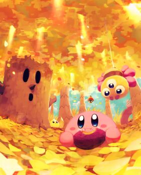 absurdres autumn autumn_leaves blue_eyes blue_sky blush_stickers chip_(kirby) como_(kirby) dappled_sunlight eating food grass highres kirby kirby_(series) leaf looking_at_another nintendo polof pupa_(kirby) roasted_sweet_potato sky sunlight suyasuyabi sweet_potato tree whispy_woods