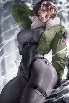 1girl american_flag arm_support arm_up artist_name belt black_gloves bodysuit breasts brown_hair commentary cropped_jacket english_commentary fur-trimmed_jacket fur_trim gloves green_jacket grey_bodysuit highres impossible_bodysuit impossible_clothes jacket large_breasts military_jacket multicolored_hair olchas original patreon_username short_hair skin_tight solo thigh_belt thigh_strap two-tone_hair