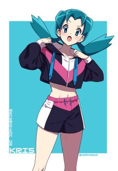 1girl :o alternate_costume blush border character_name commentary_request cropped_hoodie eyelashes green_background green_eyes green_hair hands_up hood hood_down hoodie hoodie_tug knees kris_(pokemon) long_hair looking_at_viewer nashirasauce navel nintendo open_mouth pokemon pokemon_gsc shorts solo tassel twitter_username white_border