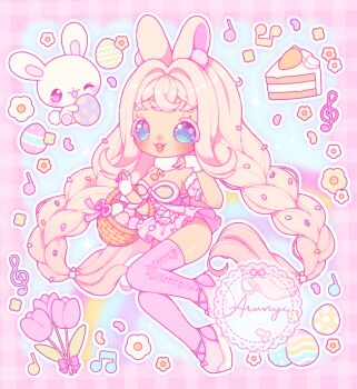 1girl animal_ears arunyi blonde_hair blue_eyes braid breasts chibi cleavage commentary commission easter easter_egg egg english_commentary flower highres indie_virtual_youtuber large_breasts long_hair low_twin_braids musical_note outline pastel_colors pink_theme pink_thighhighs rabbit rabbit_ears rainbow solo theeasterbunni_(vtuber) thighhighs twin_braids very_long_hair virtual_youtuber watermark white_outline yume_kawaii