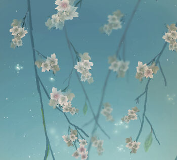 blue_sky branch cherry_blossoms commentary_request flower highres leaf miho_illust night no_humans original outdoors plant plant_focus scenery sky star_(sky) white_flower
