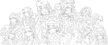 6+girls animal_ears bow closed_mouth clownpiece collared_shirt commentary covering_own_mouth dalachi_(headdress) doremy_sweet expressionless floppy_ears frown hair_bow hair_tubes hakurei_reimu hammer happy hat hecatia_lapislazuli highres holding holding_hammer jester_cap junko_(touhou) kirisame_marisa kishin_sagume kochiya_sanae large_bow legacy_of_lunatic_kingdom lineart multiple_girls nightcap open_mouth planet ponytail rabbit_ears rabbit_girl reisen_udongein_inaba ringo_(touhou) seiran_(touhou) shirt simple_background smile tabard tansuyuli touhou upper_body white_background