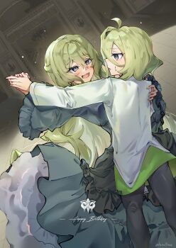 2girls absurdres black_pants blush commentary_request dancing dress gown green_hair grey_dress hanaguruma_(hana96ma) hand_on_another&#039;s_back happy_birthday highres holding_hands honkai_(series) honkai_impact_3rd jacket klein_(honkai_impact) long_hair medium_hair mobius_(honkai_impact) multiple_girls open_mouth pants signet_of_infinity sweatdrop twitter_username white_jacket