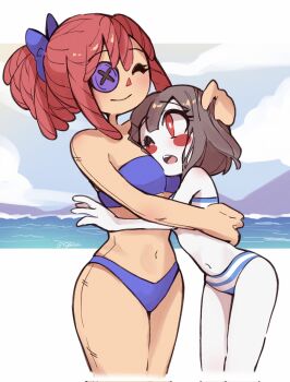 2girls ^_^ bare_arms bare_shoulders between_breasts bikini blue_bikini blush_stickers bob_cut bow breasts bright_pupils brown_hair buttons center-flap_bangs closed_eyes closed_mouth colored_skin commentary corrupted_twitter_file cropped_legs double-parted_bangs english_commentary fewer_digits fukosshi hair_between_eyes hair_bow hand_on_another&#039;s_head head_between_breasts high_ponytail highres hug leaning_forward looking_at_another multicolored_bikini multiple_girls mutual_hug navel official_alternate_costume one_eye_closed open_mouth pomni_(the_amazing_digital_circus) ponytail purple_bikini purple_bow ragatha_(the_amazing_digital_circus) red_eyes red_hair short_hair shoulder_blush skinny small_breasts smile standing stomach strapless strapless_bikini striped_bikini striped_clothes swimsuit teeth the_amazing_digital_circus thick_thighs thighs tongue triangle_nose two-tone_bikini upper_teeth_only white_bikini white_pupils white_skin yuri