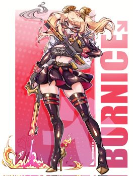 Rule 34 | 1girl, black gloves, black jacket, black skirt, black thighhighs, blonde hair, breasts, burnice white, cleavage, corrupted twitter file, crop top, fire, flamethrower, full body, gloves, grin, high heels, highres, holding flamethrower, holding weapon, imako chan, jacket, looking at viewer, looking over eyewear, orange eyes, skirt, smile, solo, spiked belt, sunglasses, teeth, thighhighs, tinted eyewear, twintails, weapon, zenless zone zero