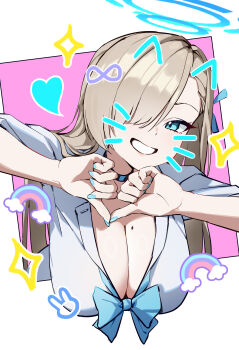 Rule 34 | 1girl, absurdres, asuna (blue archive), asuna (school uniform) (blue archive), blonde hair, blue archive, blue eyes, blue halo, blue nails, blue ribbon, blue scrunchie, bow, bowtie, breasts, chinese commentary, commentary request, hair over one eye, halo, highres, large breasts, long hair, looking at viewer, loose bowtie, mole, mole on breast, ribbon, school uniform, scrunchie, shanqianqian 377, shirt, sleeves rolled up, smile, solo, white shirt