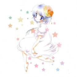 Rule 34 | 1girl, barefoot, biscuit (bread), bisuke-tan, blue eyes, blue hair, blush, dress, food, food on head, from side, full body, kfc, looking at viewer, neck ribbon, object on head, picoalto, puffy short sleeves, puffy sleeves, ribbon, short hair, short sleeves, smile, solo, syrup