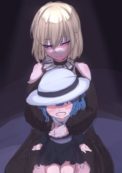 2girls aged_down bang_dream! bang_dream!_it&#039;s_mygo!!!!! black_dress blonde_hair blue_dress blue_hair blush closed_mouth clothing_cutout commentary_request doloris_(bang_dream!) dress hair_between_eyes hat highres medium_hair misumi_uika multiple_girls on_lap purple_eyes shoulder_cutout sitting sunnysalt_08 time_paradox togawa_sakiko white_hat