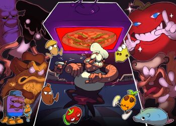 6+boys arm_hair bell_pepper bell_pepper_slice black_hair black_pants black_sclera black_shirt blue_eyes brick_(pizza_tower) brown_gloves brown_headwear bulging_eyes checkered_floor cheese cheese_toppin_(pizza_tower) chef_hat clenched_teeth colored_sclera colored_skin commentary counter cowboy_hat doppelganger english_commentary eye_pop facial_hair fake_peppino fat fat_man fingernails flying_sweatdrops food frown fruit full_body gerome_(pizza_tower) gloves grin gustavo_(pizza_tower) hakuryuvision hat highres index_fingers_raised janitor key keyring mouse_(animal) multiple_boys mushroom mushroom_toppin_(pizza_tower) mustache nervous_sweating pants pepperman pepperoni peppino_spaghetti pillar_john pineapple pineapple_toppin_(pizza_tower) pizza pizza_box pizza_slice pizza_tower pizzaface pointing pointing_up purple_skin sausage sausage_toppin_(pizza_tower) shaded_face shirt short_hair sitting slime_(creature) smile sparkle stool stupid_rat_(pizza_tower) sunglasses sweat teeth television the_noise the_vigilante tomato tomato_toppin_(pizza_tower) tongue tongue_out uneven_eyes v-shaped_eyebrows white_gloves white_headwear white_shirt yellow_eyes