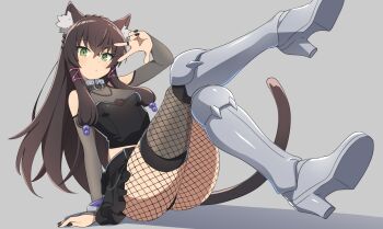 animal_ear_fluff animal_ears belt_pouch black_corset black_nails black_skirt cat_ears cat_girl cat_tail chain collar corset fishnets goth_fashion green_eyes grey_collar highres isekai_maou_to_shoukan_shoujo_no_dorei_majutsu metal_collar nekoromancer o-ring_collar panties pantyshot pouch rem_galeu see-through_clothes self-upload skirt tail underwear