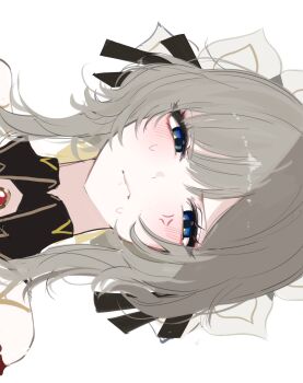 1girl absurdres anger_vein black_collar blue_eyes blush braid bun_with_braided_base closed_mouth collar detached_collar gem genshin_impact headdress highres looking_at_viewer magnet_8_8 medium_hair red_gemstone russian_clothes sandrone_(genshin_impact) short_hair_with_long_locks simple_background white_headdress