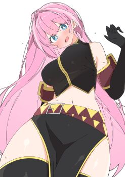 Rule 34 | 1girl, :d, absurdres, arm behind back, armband, bare shoulders, belt, belt buckle, black gloves, black shirt, black skirt, black thighhighs, blue eyes, blush, breasts, bright pupils, brown armband, brown belt, buckle, commentary, cowboy shot, cropped shirt, elbow gloves, from below, gloves, hand up, head tilt, highres, large breasts, long hair, looking at viewer, megurine luka, midriff, multicolored belt, multiple belts, navel, no nose, open mouth, pelvic curtain, pink hair, shirt, simple background, skirt, sleeveless, sleeveless shirt, smile, solo, sweat, thighhighs, thighs, uruti 2388, very long hair, vocaloid, white background, white pupils, yellow belt, yellow trim