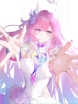 0ninj1n 1girl aqua_hair breasts cyrene_(honkai:_star_rail) cyrene_(ripples_of_past_reverie)_(honkai:_star_rail) diamond-shaped_pupils diamond_(shape) dress flower hair_flower hair_ornament halo hashtag-only_commentary highres honkai:_star_rail honkai_(series) large_breasts long_hair looking_at_viewer multicolored_hair pink_hair purple_eyes reaching reaching_towards_viewer simple_background smile solo symbol-shaped_pupils very_long_hair white_background white_dress white_hair