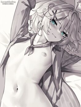 1girl antenna_hair aqua_eyes areola_slip artist_name bandana bandana_around_neck bed_sheet blush breasts closed_mouth collared_shirt commentary dokibird dokibird_(bounty_hunter) embarrassed english_commentary fanbox_username fang from_above greyscale hair_between_eyes hair_ornament half-closed_eyes highres indie_virtual_youtuber looking_at_viewer lying monochrome navel nipples official_alternate_costume on_back open_clothes open_shirt patreon_username pinstripe_pattern pinstripe_shirt pointy_ears revision shirt short_hair skin_fang small_breasts solo spot_color stomach sunsetskyline upper_body virtual_youtuber wavy_mouth x_hair_ornament