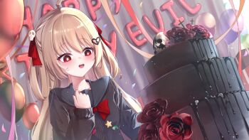 Rule 34 | 1girl, absurdres, ahoge, balloon, black cardigan, black sailor collar, black shirt, bow, bowtie, broken heart, broken heart hair ornament, brown hair, buttons, cake, cardigan, character name, clover dot (clov erd), commentary, cross, dress shirt, dutch angle, evil neuro-sama, flower, food, hair between eyes, hair ornament, hair ribbon, happy birthday, heart, highres, indie virtual youtuber, long hair, long sleeves, neuro-sama, open mouth, red bow, red bowtie, red eyes, red flower, red ribbon, red rose, ribbon, rose, sailor collar, shirt, skull, skull hair ornament, solo, sparkling eyes, star (symbol), star button, untranslatable commentary, teeth, turtle button, two side up, upper body, upper teeth only, virtual youtuber