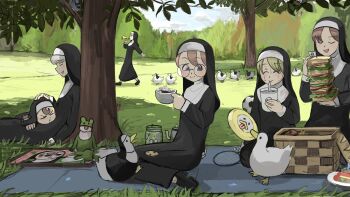 >_< 6+girls ^_^ ant apple ball balloon banana bendy_straw bird blowing bread bug bugle chili_pepper chocolate_chip_cookie closed_eyes cloud clumsy_nun_(diva) coffee coffee_pot cookie cup day disposable_cup diva_(hyxpk) drinking drinking_glass drinking_straw drooling duck floating food food_on_body food_on_head food_on_legs framed framed_image frisbee froggy_nun_(diva) fruit glasses_nun_(diva) grass habit hand_on_another's_head highres holding holding_cup hungry_nun_(diva) in_tree insect instrument jar lap_pillow little_nuns_(diva) loaf_of_bread marching mini_flag mouse_(animal) mouth_hold mug multiple_girls nun object_on_head original outdoors picnic picnic_basket picnic_blanket picture_frame pigeon plate round_eyewear sandwich sculpture shade sheep_nun_(diva) sky sleeping sleeping_on_person slice_of_life smile soccer_ball spicy_nun_(diva) spider stack stuffed_animal stuffed_rabbit stuffed_toy sugar_cube traditional_nun tree tree_shade triangle_mouth