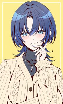 1girl absurdres blue_eyes blue_hair blue_nails blue_sweater closed_mouth grey_sweater highres hiodoshi_ao hololive hololive_dev_is kentotto looking_at_viewer mole mole_under_mouth nail_polish short_hair smile solo sweater turtleneck turtleneck_sweater virtual_youtuber
