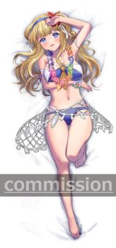 1girl bikini blonde_hair blue_bikini blue_hairband breasts commentary_request commission cosplay double_bun fletcher_(kancolle) fletcher_mk_ii_(kancolle) fletcher_mk_ii_(swimsuit)_(kancolle) flower flower_necklace hair_bun hairband highres ittokyu jewelry johnston_(kancolle) johnston_(kancolle)_(cosplay) kantai_collection large_breasts lei long_hair looking_at_viewer lying necklace net official_alternate_costume purple_eyes smile solo swimsuit