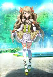 Rule 34 | 1girl, bare shoulders, blonde hair, blue sky, blush, butterfly hair ornament, celine (fire emblem), closed mouth, crown, day, detached sleeves, dress, fire emblem, fire emblem engage, fountain, full body, green eyes, green footwear, hair ornament, high heels, highres, long hair, long sleeves, looking at viewer, nintendo, outdoors, park, shadow, sky, smile, solo, standing, thighhighs, tree, tsukishiro saika, very long hair, white sleeves, white thighhighs