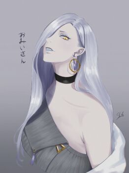 1girl bare_shoulders blue_lips breasts choker collarbone commentary_request dress earrings eyeliner fate/grand_order fate_(series) grey_dress grimlow hair_over_one_eye highres hoop_earrings jacket jewelry large_breasts long_hair looking_at_viewer makeup mrs._snake_(fate) off_shoulder parted_lips revision solo sweater sweater_dress tassel translated white_hair white_jacket yellow_eyes