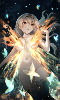 1girl absurdres bare_shoulders black_hairband black_thighhighs breasts bug butterfly collarbone elisabetlis fire firefly_(honkai:_star_rail) grey_hair hair_between_eyes hair_ornament hairband henshin highres honkai:_star_rail honkai_(series) insect large_breasts long_hair navel parted_lips pink_eyes solo stomach thighhighs transformation