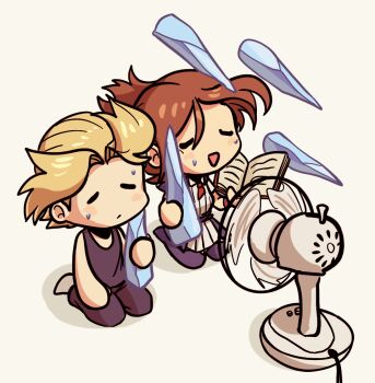 Rule 34 | 1boy, 1girl, black shirt, blonde hair, brown hair, castlevania: portrait of ruin, castlevania (series), charlotte aulin, chibi, electric fan, ice, jonathan morris, long hair, peegeray, shirt, simple background, sitting, summer, sweat