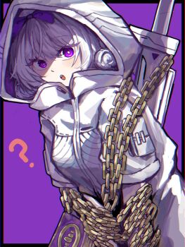 1girl ? bow chain commentary_request hair_bow highres hood hood_up hooded_jacket hoodie jacket kira_(project_moon) korean_commentary limbus_company looking_at_viewer open_mouth project_moon purple_background purple_bow purple_eyes ranyo0680 white_hair white_hoodie
