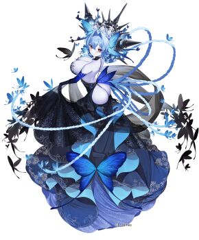 1girl absurdres aku_no_onna_kanbu:_perigee_new_moon animal arrow_(tamawo222) ass ass_cutout bare_shoulders between_buttocks black_dress black_gloves blue_hair blush breasts bug butterfly character_request cleavage closed_mouth clothing_cutout commentary_request dress elbow_gloves from_above from_side gloves hair_between_eyes hair_intakes highres insect large_breasts looking_at_viewer looking_to_the_side looking_up official_art pale_skin red_eyes see-through_clothes simple_background smile solo tiara white_background