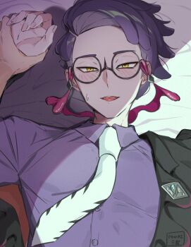 1boy black_jacket blush collared_shirt corbeau_(pokemon) glasses jacket long_sleeves looking_at_viewer lying male_focus necktie nintendo on_back pinned pokemon pokemon_legends:_z-a purple_hair purple_shirt round_eyewear shirt short_hair signature solo_focus tongue tongue_out white_necktie yellow_eyes youkitano