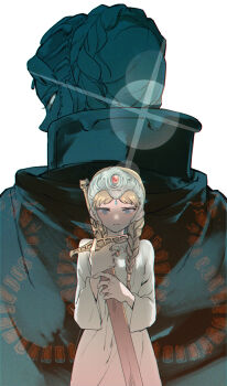 1girl age_comparison aged_down blonde_hair braid cape closed_mouth commentary_request crown_braid dress dual_persona gem headpiece highres holding holding_sheath kaze_no_tani_no_nausicaa kushana lens_flare long_hair long_sleeves looking_at_viewer profile red_gemstone scabbard serizawa_nae sheath sword twin_braids twintails weapon white_background white_dress