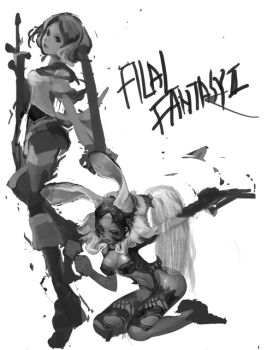 2girls animal_ears archived_source armor ashelia_b&#039;nargin_dalmasca bikini_armor boots breasts closed_mouth commentary_request copyright_name ears_through_headwear english_text final_fantasy final_fantasy_xii fran_(ff12) full_body greyscale half_updo helmet holding holding_sword holding_weapon knee_boots kneeling korean_commentary medium_breasts microskirt midriff monochrome multiple_girls navel off-shoulder_shirt off_shoulder parted_bangs ponytail rabbit_ears rabbit_girl realistic revealing_clothes shirt short_hair short_sleeves side_slit simple_background skirt square_enix straight_hair sword tako_ashin thighhighs unfinished very_long_ears viera weapon white_background