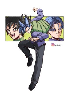 3boys absurdres alternate_universe beatlo_(rodrigo38658978) black_hair black_pants blue_hair dragon_ball dragon_ball_super dragon_ball_super_super_hero earrings full_body fusion gotenks green_vest highres jewelry male_focus multicolored_hair multiple_boys pants potara_earrings purple_shirt shirt short_hair solo_focus son_goten spiked_hair trunks_(dragon_ball) two-tone_hair vest