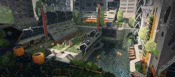 absurdres boat city commentary english_commentary felixriano grass highres landscape light_rays original outdoors painterly people river robot scenery science_fiction solarpunk tree water watercraft