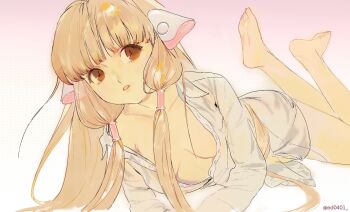Rule 34 | 1girl, barefoot, blonde hair, breasts, brown eyes, chii, chobits, collarbone, dress shirt, ed0401, gradient background, highres, humanoid robot, long hair, long sleeves, looking at another, low twintails, lying, no bra, on side, parted lips, partially unbuttoned, photo-referenced, pink background, robot, robot ears, robot girl, shirt, sketch, small breasts, solo, twintails, twitter username, white background, white shirt