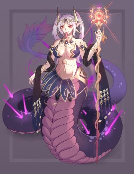 1girl absurdres ailheim armlet armor beam bracelet breasts fake_horns female_robin_(fire_emblem) female_robin_(grima)_(fire_emblem) fire_emblem fire_emblem_awakening full_body gold gold_armlet grey_hair helmet highres horns jewelry lamia large_breasts long_tongue monster_girl nintendo red_eyes smile staff tail tongue tongue_out twintails