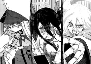 Rule 34 | 3girls, absurdres, akutami gege (style), aris (blue archive), aris (mecha suit) (blue archive), black hair, blue archive, bruise, commentary request, cross-shaped pupils, domain expansion, greyscale, gun, halo, hat, highres, holding, holding gun, holding weapon, injury, kei (blue archive), kei (new body) (blue archive), large hat, long bangs, long hair, long sidelocks, looking at viewer, malkuth (blue archive), monochrome, motion lines, multiple girls, necktie, official alternate costume, railgun, reaching, reaching towards viewer, sidelocks, speed lines, spoilers, symbol-shaped pupils, user xffn5872, weapon, white hair