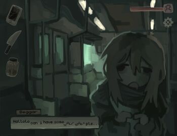 1girl black_eyes ceiling_light cellphone dark dialogue_box drooling english_text fake_screenshot hair_between_eyes health_bar highres jacket knife medium_hair open_mouth original own_hands_together phone scarf smartphone solid_eyes solo train_interior user_interface wall-eyed yoruseh