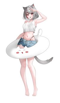 1girl animal_ear_fluff animal_ears armpits barefoot blue_shorts bra_visible_through_clothes breasts cat_ears cat_girl cat_tail crop_top cutoffs denim denim_shorts full_body grey_hair hair_intakes hand_up hashtag-only_commentary hezzu_0 high-waist_panties highres innertube looking_at_viewer medium_breasts multicolored_hair navel neneko_mashiro open_mouth panty_straps parted_bangs red_eyes short_hair short_shorts shorts simple_background smile solo standing stellive stomach streaked_hair swim_ring tail tank_top torn_clothes torn_shorts virtual_youtuber white_background white_tank_top
