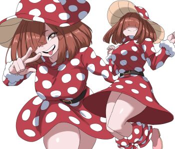 1girl belt boku_no_hero_academia brown_eyes brown_hair dress hair_over_eyes hair_over_one_eye hat high_collar highres komori_kinoko multiple_views nasu_(ilo_a5) polka_dot polka_dot_dress polka_dot_hat smile superhero_costume symbol-shaped_pupils tongue tongue_out v white_background x-shaped_pupils