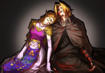 1boy 1girl armor blonde_hair blood blood_on_face breasts brown_cloak cloak closed_eyes collared_shirt commentary dress elbow_gloves english_commentary fingerless_gloves gloves gold_armor highres holding_hands leaning_on_person link long_dress medium_breasts mulsu_ww nintendo parted_bangs parted_lips pink_dress pointy_ears princess_zelda shirt short_hair the_legend_of_zelda the_legend_of_zelda:_ocarina_of_time tiara tunic vignetting white_gloves