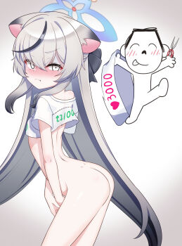 1boy 1girl :t absurdres alternate_costume angry animal_ear_fluff animal_ears ass blue_archive blue_halo blush bottomless bow collarbone commentary_request covering_crotch covering_privates cowboy_shot cutting_clothes doodle_sensei_(blue_archive) embarrassed full-face_blush gnoet gradient_hair grey_eyes groin hair_between_eyes hair_bow hair_ribbon halo halo_behind_head highres holding holding_scissors kokona_(blue_archive) loli long_hair looking_at_viewer multicolored_hair multicolored_halo multiple_drawing_challenge oversized_clothes oversized_shirt pout ribbon scissors sensei_(blue_archive) shirt short_sleeves sidelocks simple_background stomach streaked_hair tearing_up tiger_ears tiger_girl twitter_cutting_game two-tone_hair two-tone_halo white_background white_hair white_shirt