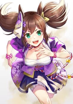 Rule 34 | 1girl, akatsuki (kuon), animal ears, blush, breasts, brown hair, chest sarashi, cleavage, commentary request, fox mask, green eyes, hair between eyes, horse ears, horse girl, inari one (inari yukari edomurasaki) (umamusume), inari one (umamusume), japanese clothes, kimono, kouhaku nawa, large breasts, looking at viewer, mask, mask on head, open mouth, purple kimono, rope, running, sarashi, scrunchie, shimenawa, short sleeves, shorts, shorts under skirt, smile, solo, teeth, twintails, umamusume, upper teeth only, wrist scrunchie