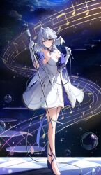 Rule 34 | 1girl, bare legs, bare shoulders, bubble, commentary request, detached sleeves, dress, gloves, grey hair, hair intakes, hands up, highres, holding, honkai: star rail, honkai (series), long hair, looking at viewer, robin (honkai: star rail), short sleeves, solo, staff (music), standing, strapless, strapless dress, very long hair, white dress, white gloves, yeni1871
