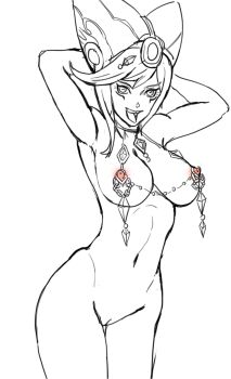 1girl armpits arms_behind_head breasts cia_(hyrule_warriors) cleft_of_venus hat highres hyrule_warriors large_breasts looking_at_viewer midriff navel nintendo nipples nude pussy sketch solo sunbeam_(artist) the_legend_of_zelda