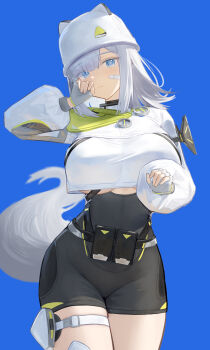 1girl absurdres arknights arknights:_endfield arm_up bandaid bandaid_on_face belt black_bodysuit blue_background blue_eyes bodysuit breasts chinese_commentary ciexbiet closed_mouth commentary_request cowboy_shot cropped_shirt estella_(arknights) fingerless_gloves gloves grey_gloves hat hat_with_ears highres huge_breasts long_sleeves looking_at_viewer medium_hair puffy_sleeves shirt shrug_(clothing) sidelocks simple_background solo standing straight_hair tail thighs underboob white_hair white_hat white_shirt white_shrug